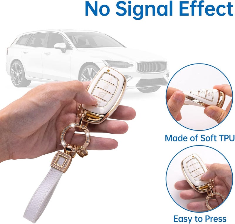 CACARLIKE for Hyundai Key Fob Cover with Leather Lanyard, Car Key Fob Case Compatible with Hyundai Elantra Elantra GT Ioniq Sonata Tucson Smart 4 Buttons Smart Key Protector Holder - Image 3